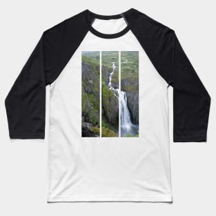 Wonderful landscapes in Norway. Vestland. Beautiful scenery of Voringfossen waterfall in the Mabodalen valley on the Hardanger scenic route. Mountains, trees in background. Cloudy day (vertical) Baseball T-Shirt